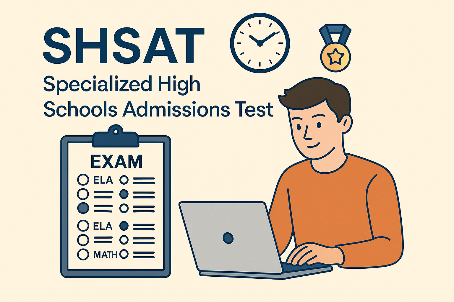 Preparing for the SHSAT: Practice Test, Score Calculators, Cutoffs, and Strategies illustration showing student studying with digital tools